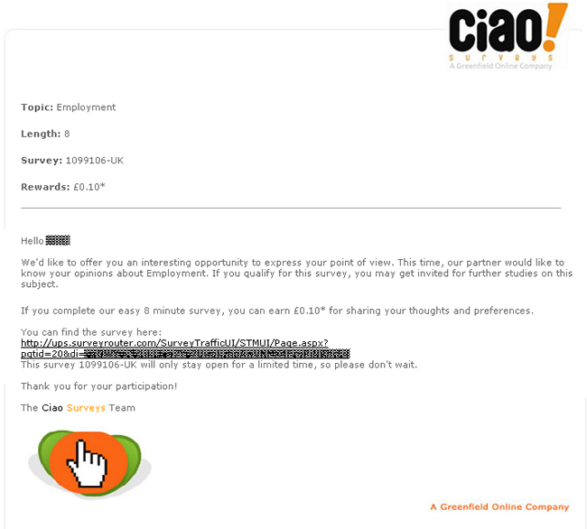 Click here to view a genuine Ciao Panels paid online survey invitation example | www.paidopinionsurveys.co.uk