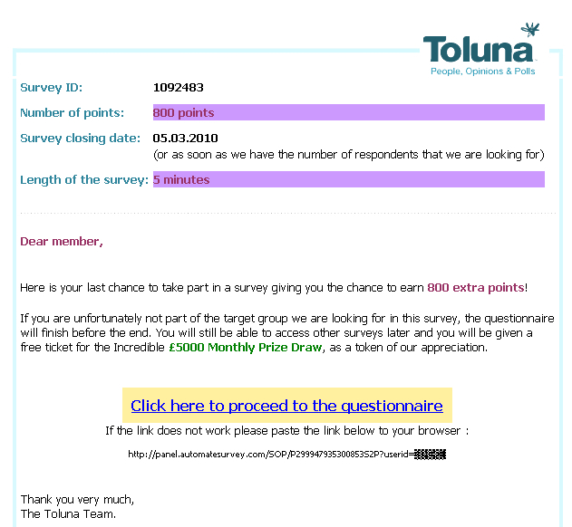 Click here to view a genuine Toluna paid online survey invitation example | www.paidopinionsurveys.co.uk